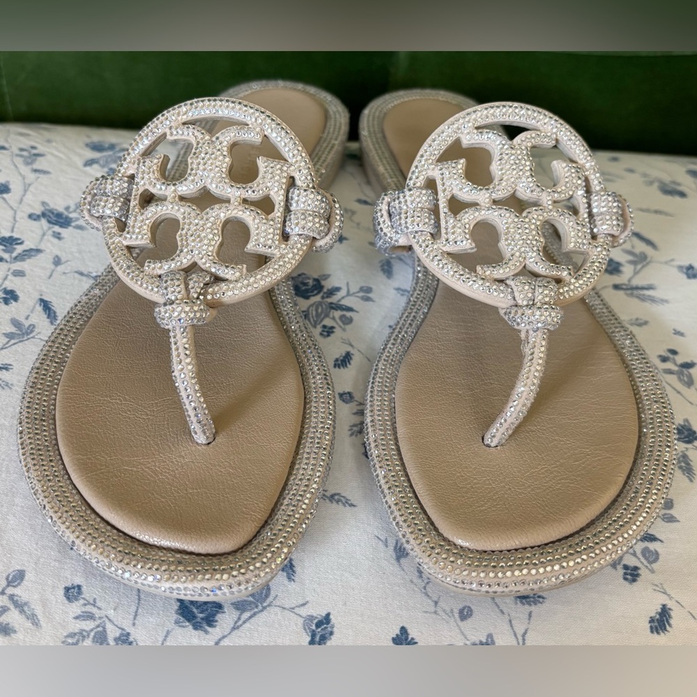 Tory Burch Pave Crystal Knotted Miller Sandals Size 6.5 Dark Clay Retail $300